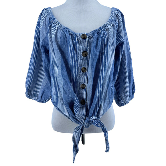 American Eagle Outfitters Tops - American Eagle Blue Striped Linen Blend Puff Sleeve Off The Shoulder Crop Top XL